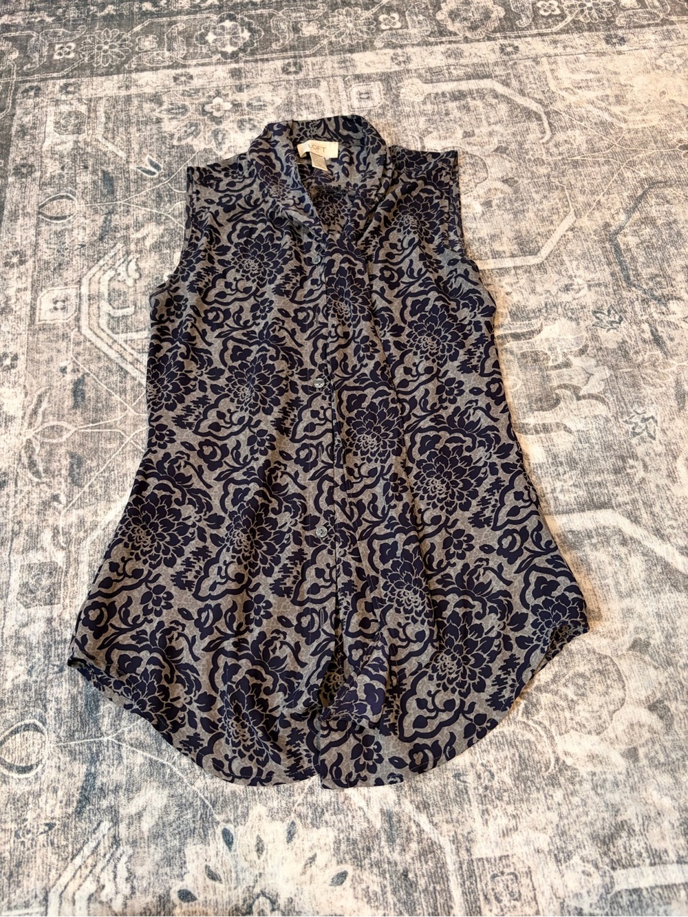LOFT Navy and Gray Floral Sleeveless Tie-Neck Camisole